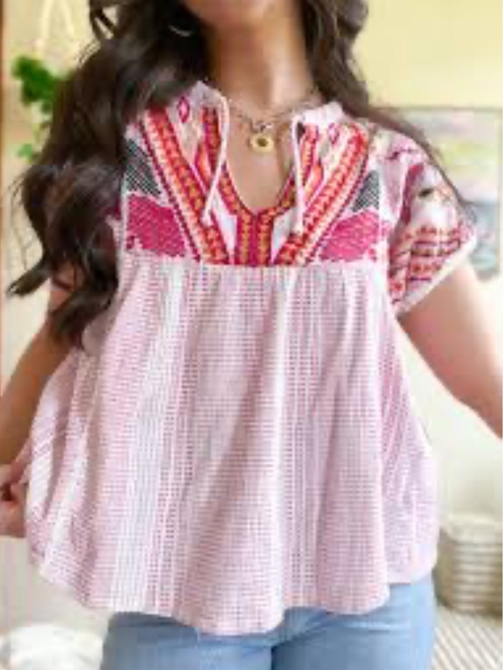 Anthropologie THML Pink Embroidered Split-Neck Tunic Tassel Top Size Large